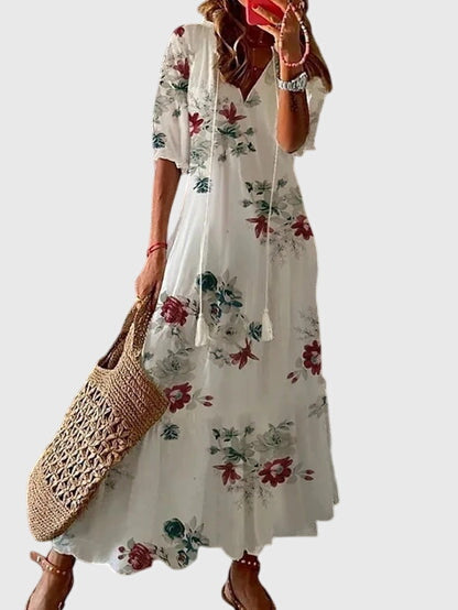 Magnolia | Women's Boho Vintage V-Neck Summer Midi Dress