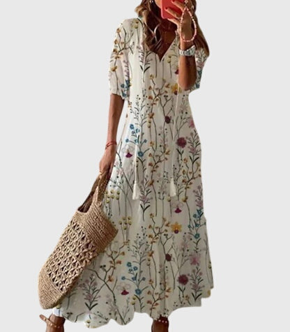 Magnolia | Women's Boho Vintage V-Neck Summer Midi Dress
