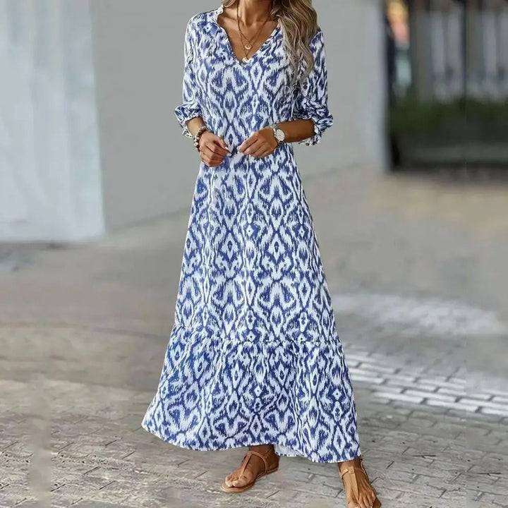 Women's Printed V-Neckline Maxi Dress with Tiered Hem and Half Sleeves