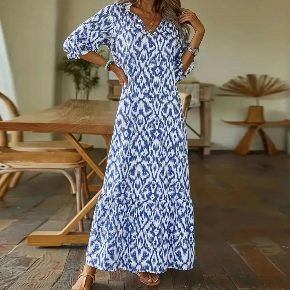 Women's Printed V-Neckline Maxi Dress with Tiered Hem and Half Sleeves
