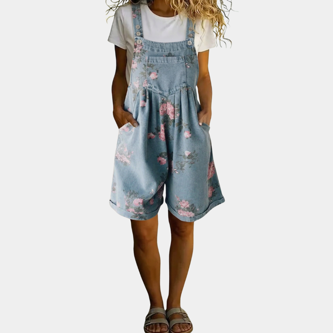 Mara | Women's Vintage Floral Adjustable Strap Denim Jumpsuit