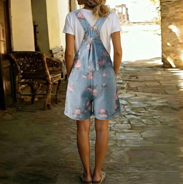 Mara | Women's Vintage Floral Adjustable Strap Denim Jumpsuit