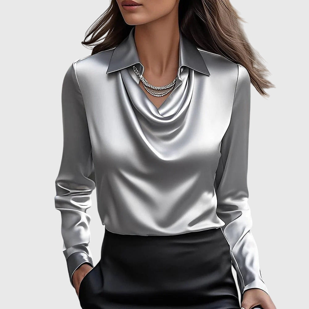 Margot | Women's Lustrous Pleated Neckline Flowing Blouse