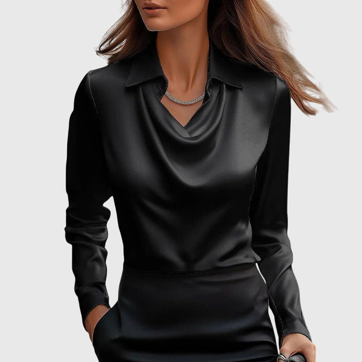 Margot | Women's Lustrous Pleated Neckline Flowing Blouse