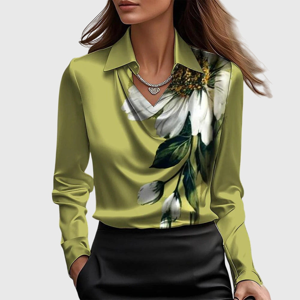 Margot | Women's Lustrous Pleated Neckline Flowing Blouse
