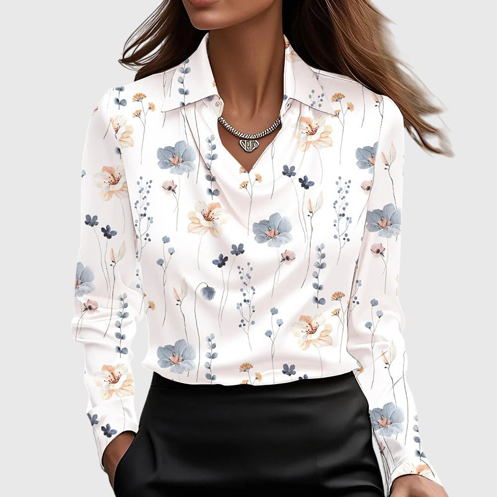 Margot | Women's Lustrous Pleated Neckline Flowing Blouse