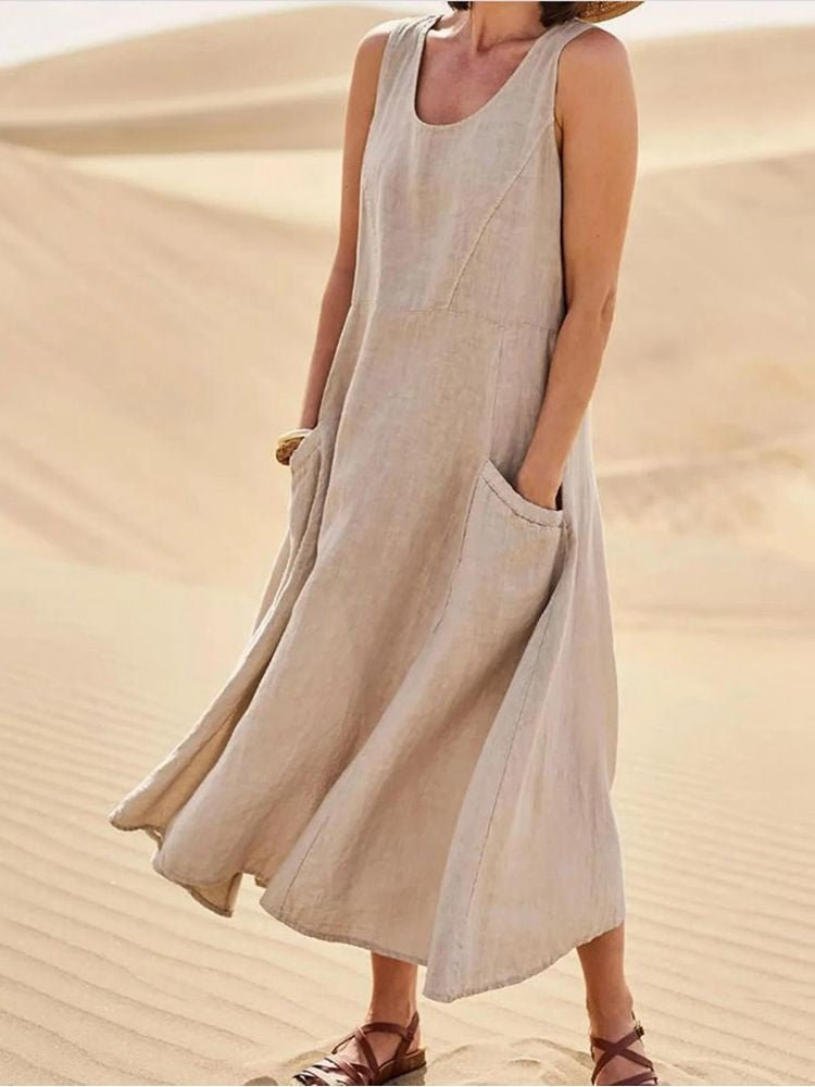 Marlowe | Women's Linen Sleeveless Pocket Scoop-Neck Midi Dress