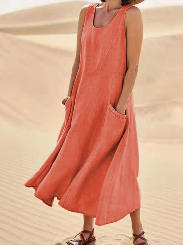 Marlowe | Women's Linen Sleeveless Pocket Scoop-Neck Midi Dress