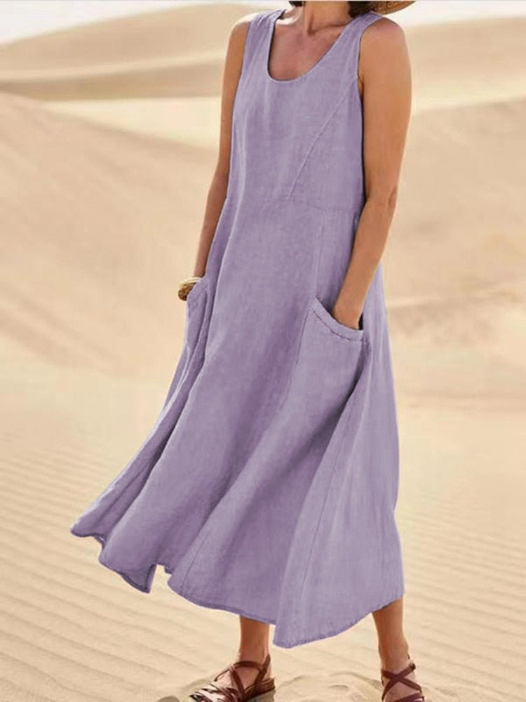 Marlowe | Women's Linen Sleeveless Pocket Scoop-Neck Midi Dress