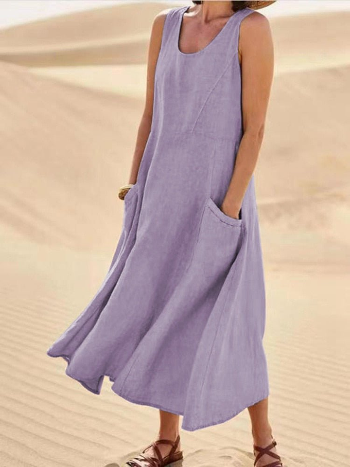 Marlowe | Women's Linen Sleeveless Pocket Scoop-Neck Midi Dress
