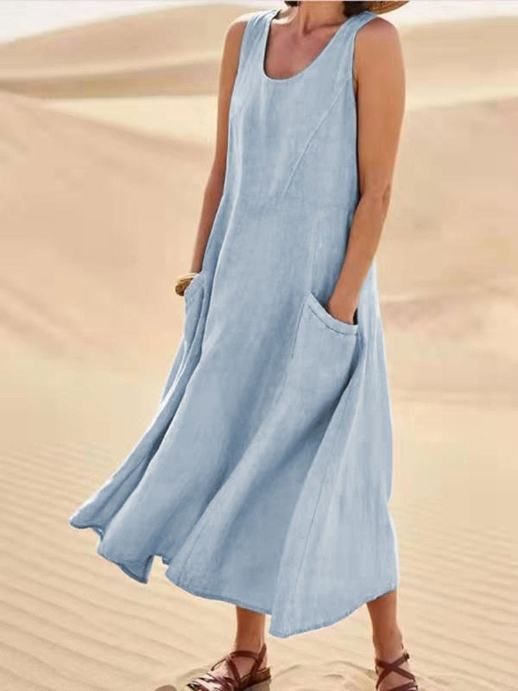 Marlowe | Women's Linen Sleeveless Pocket Scoop-Neck Midi Dress