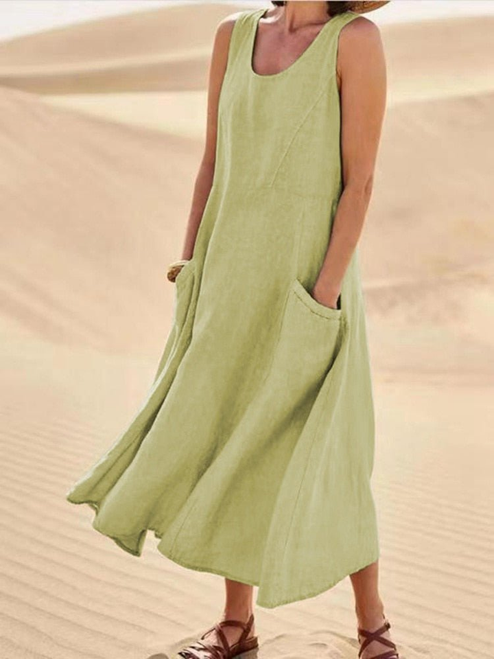 Marlowe | Women's Linen Sleeveless Pocket Scoop-Neck Midi Dress