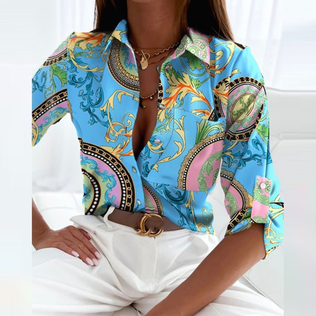 Marlowe | Women's Satin Geometric Print Button-Down Blouse