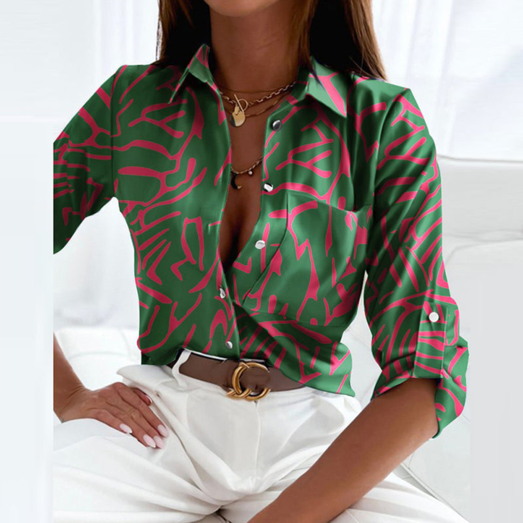 Marlowe | Women's Satin Geometric Print Button-Down Blouse