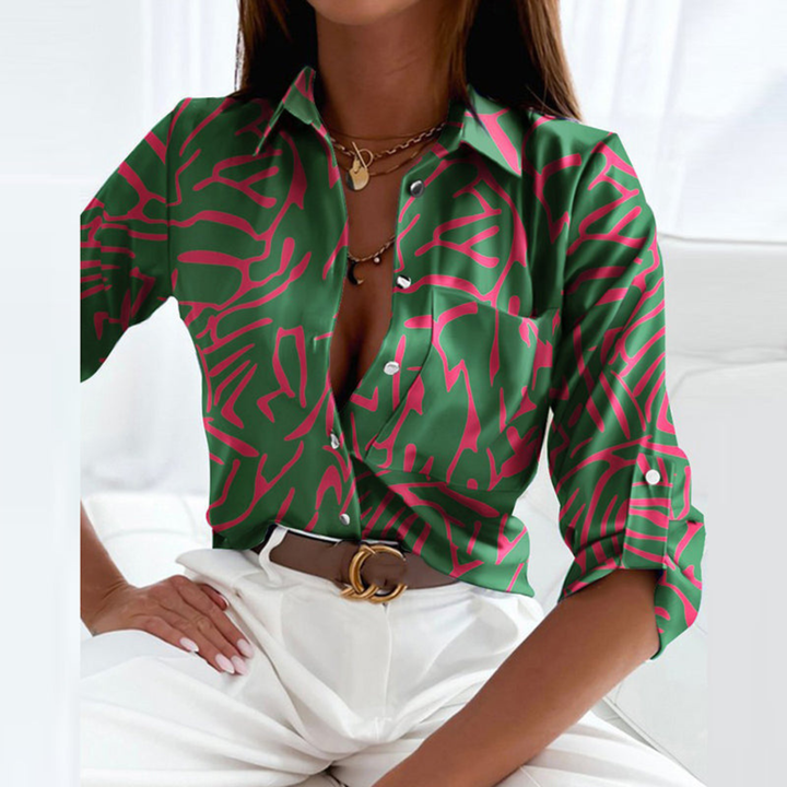 Marlowe | Women's Satin Geometric Print Button-Down Blouse