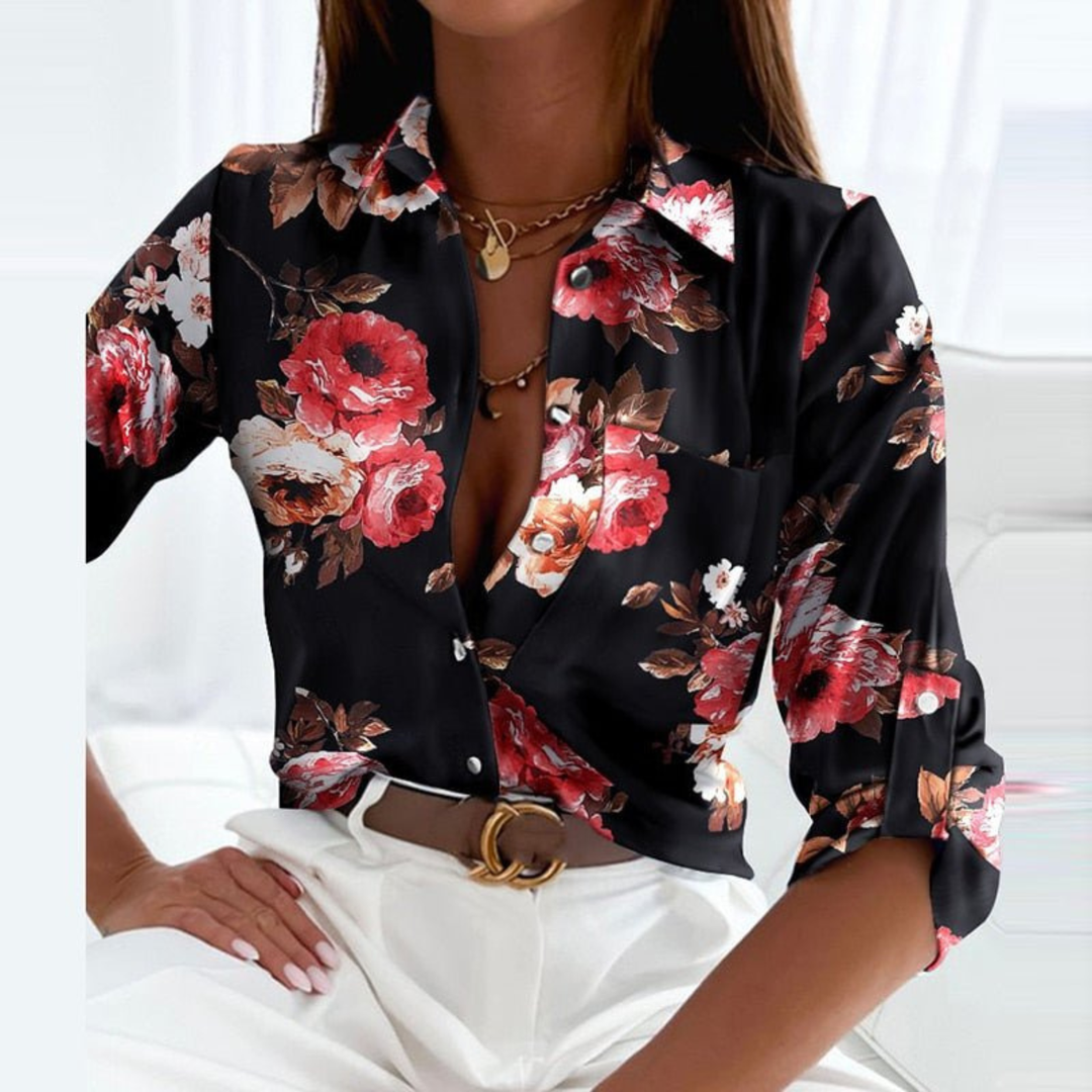 Marlowe | Women's Satin Geometric Print Button-Down Blouse