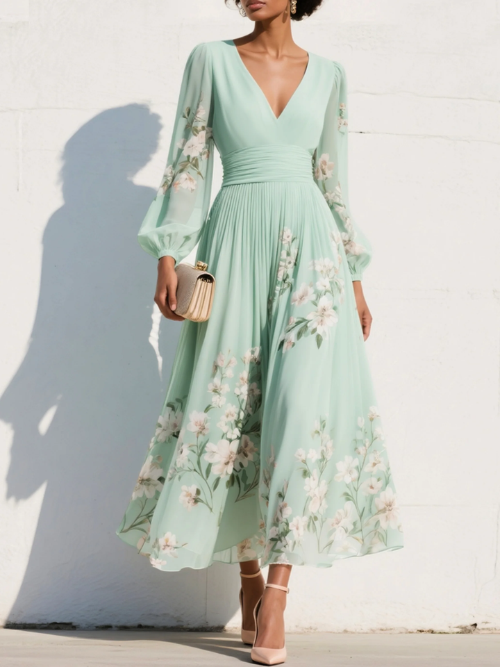 Mathilda | Women's Pleated Chiffon Floral V-Neck Midi Dress
