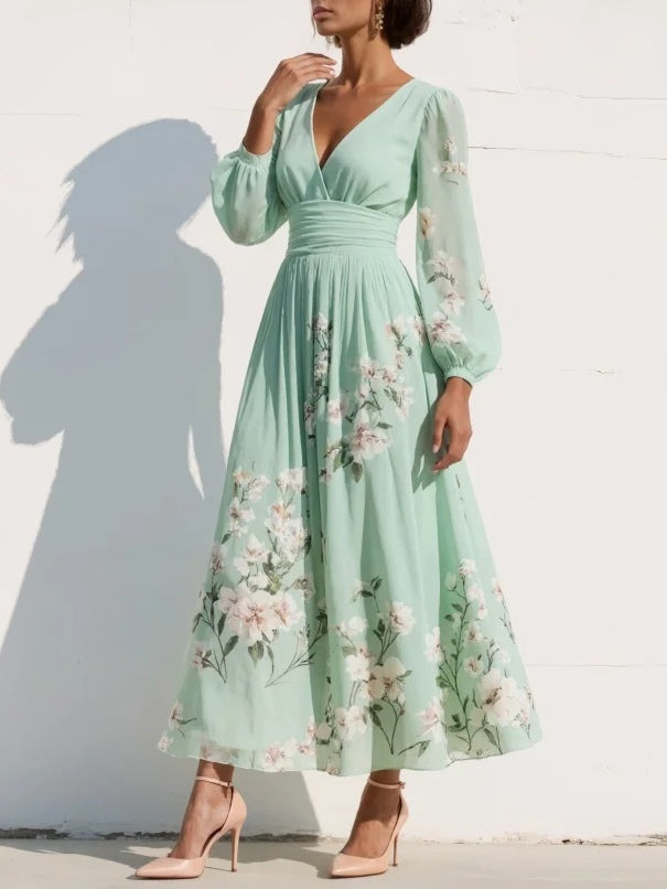 Mathilda | Women's Pleated Chiffon Floral V-Neck Midi Dress