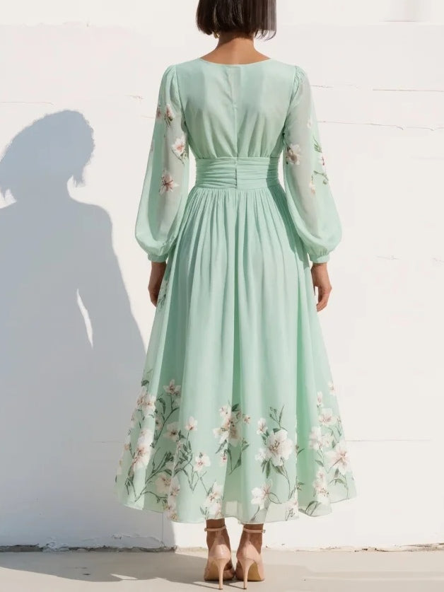 Mathilda | Women's Pleated Chiffon Floral V-Neck Midi Dress