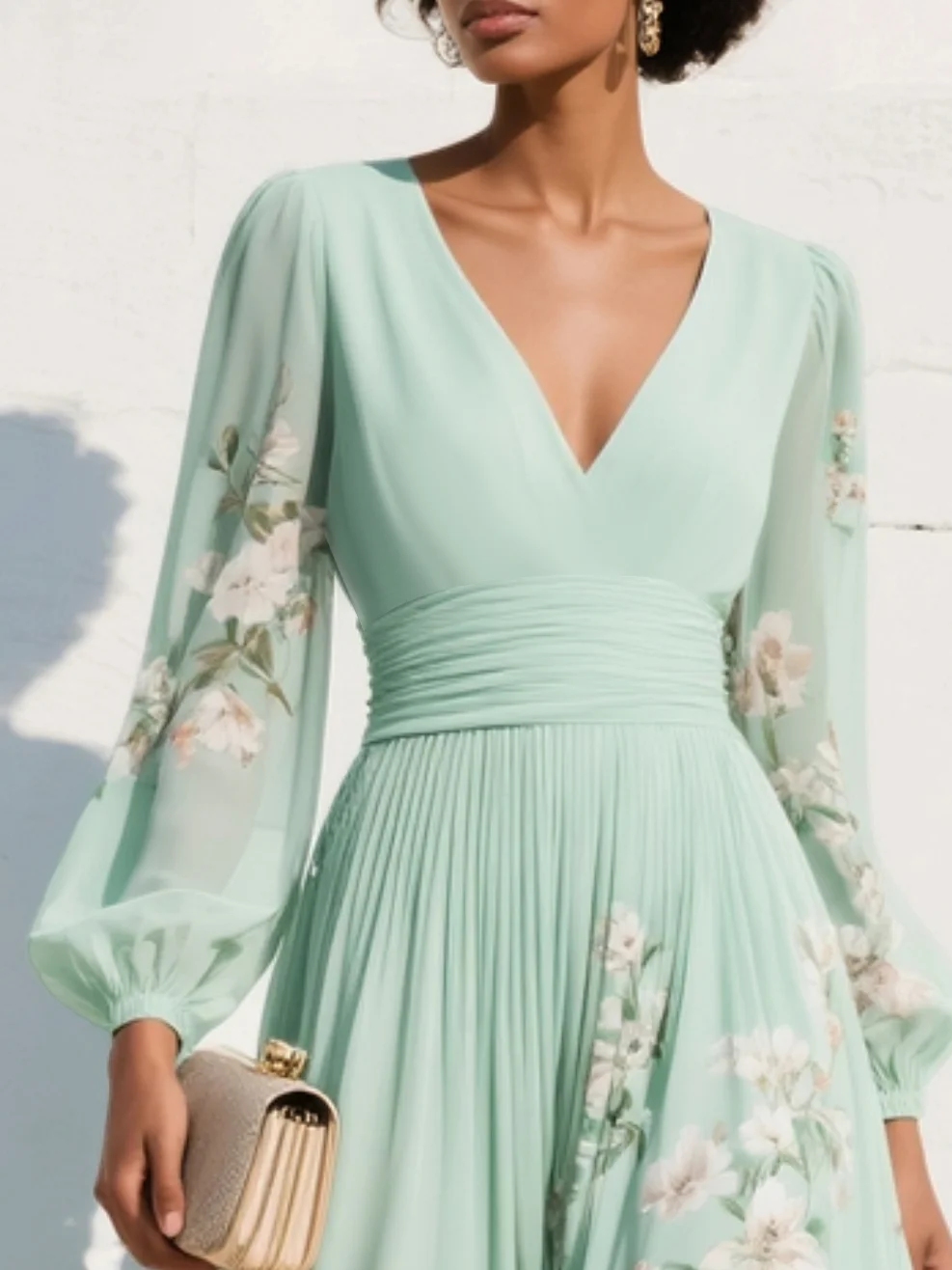 Mathilda | Women's Pleated Chiffon Floral V-Neck Midi Dress