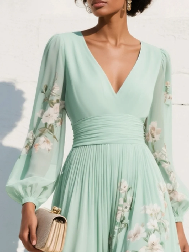 Mathilda | Women's Pleated Chiffon Floral V-Neck Midi Dress