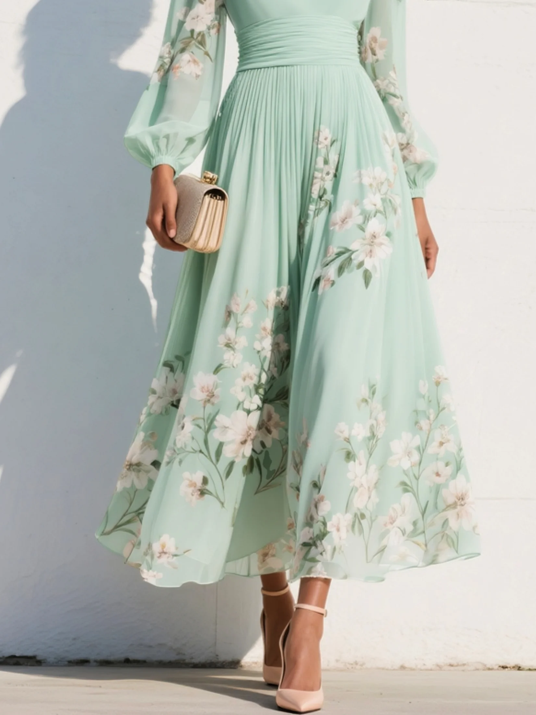 Mathilda | Women's Pleated Chiffon Floral V-Neck Midi Dress