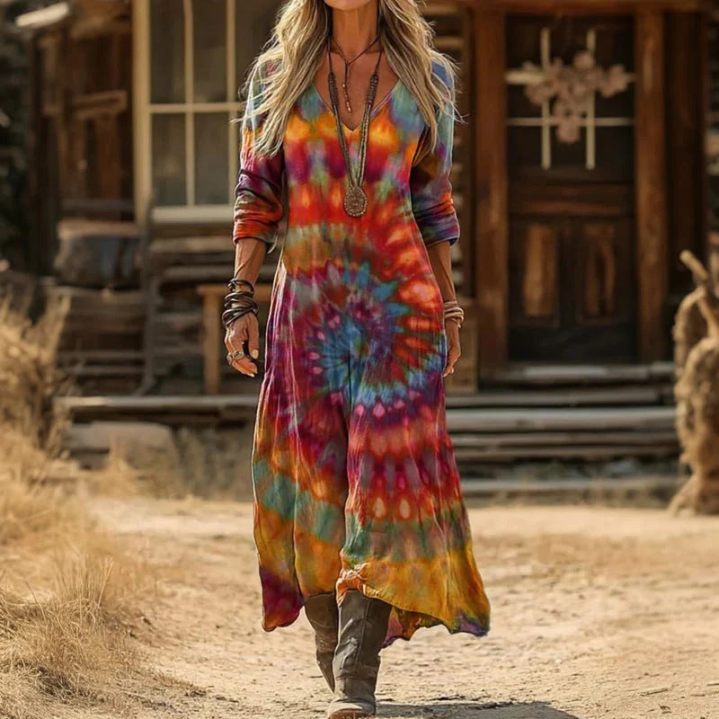 Matilda | Women's Vintage Batik-Look Long-Sleeve Woven Midi Dress