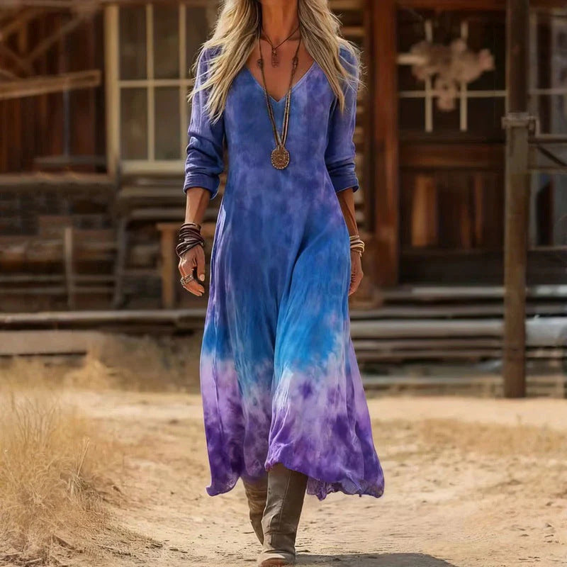 Matilda | Women's Vintage Batik-Look Long-Sleeve Woven Midi Dress