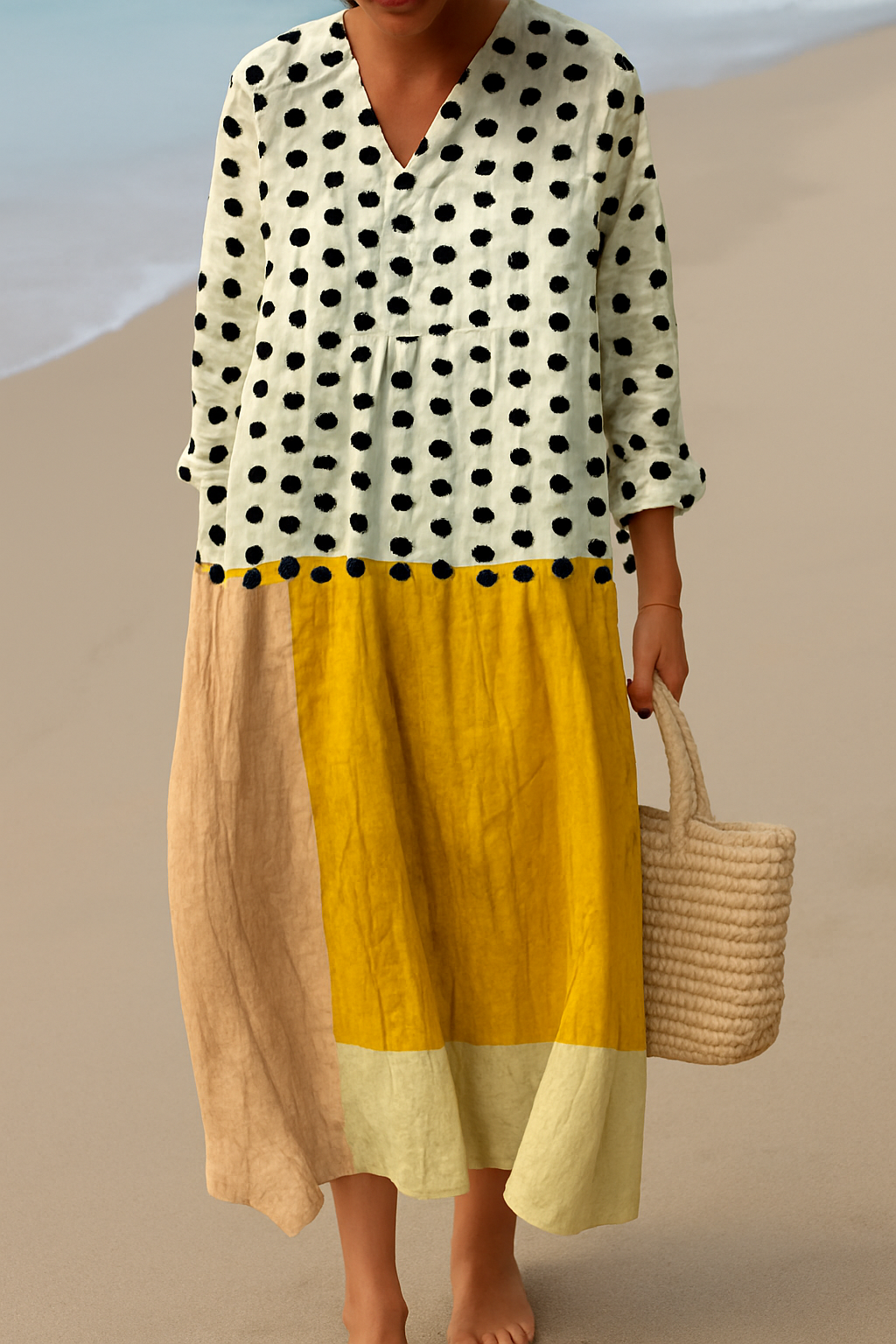 Maya | Women's Polka Dot Color-Blocked Flowing Midi Dress