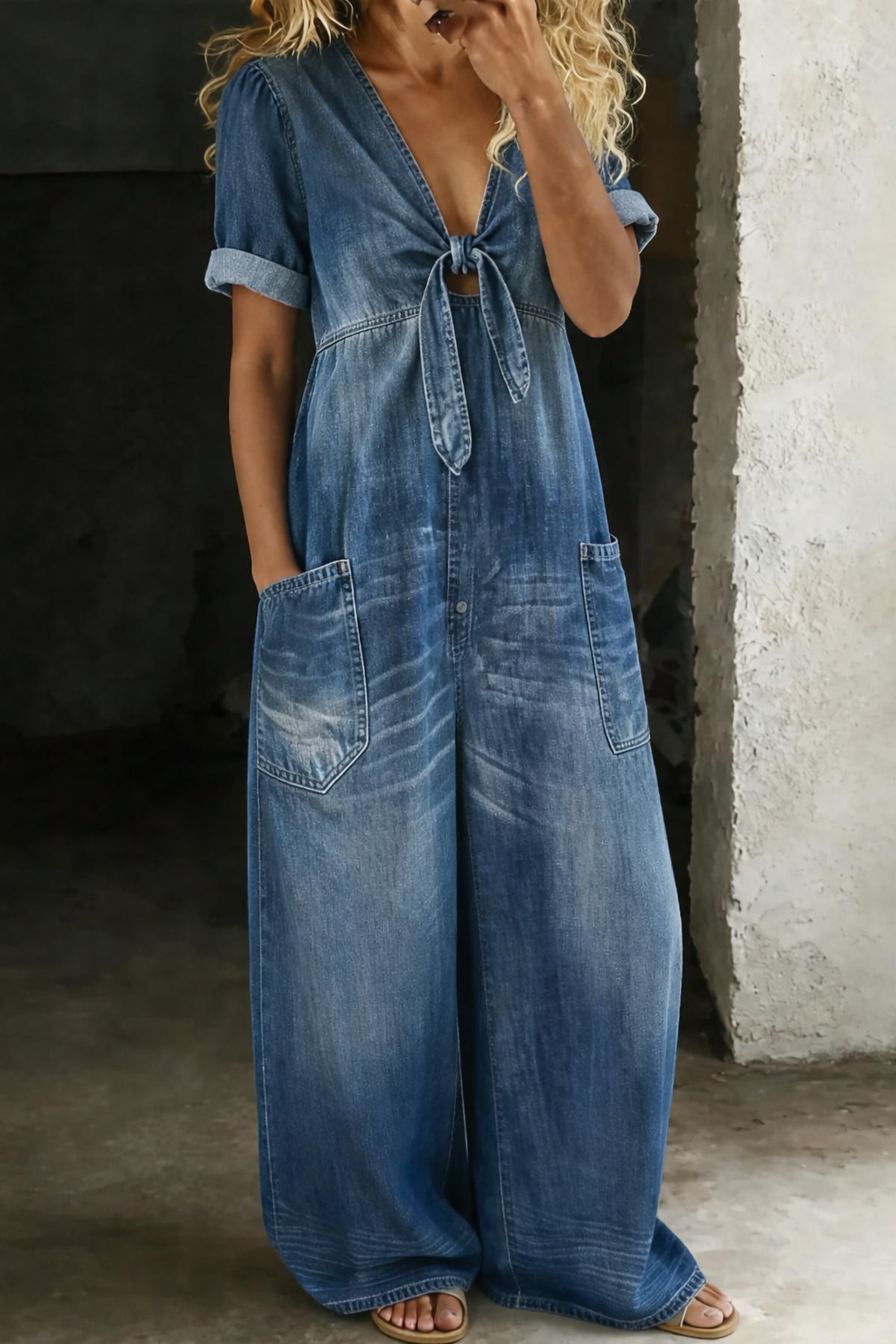 Maya | Women's V Neck Short Sleeve Button-Front Jumpsuit