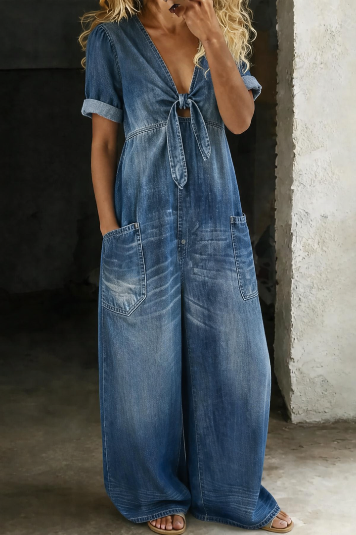 Maya | Women's V Neck Short Sleeve Button-Front Jumpsuit