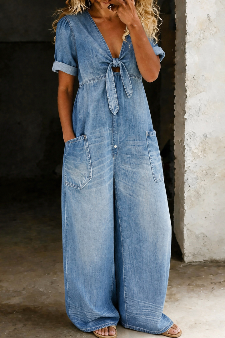 Maya | Women's V Neck Short Sleeve Button-Front Jumpsuit