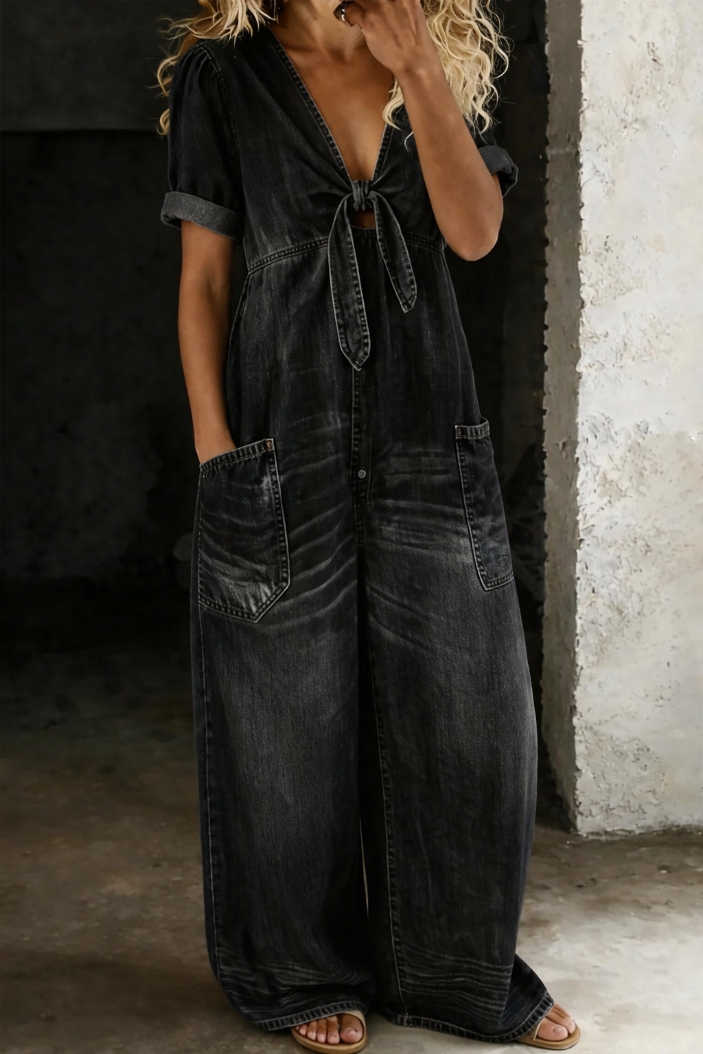 Maya | Women's V Neck Short Sleeve Button-Front Jumpsuit