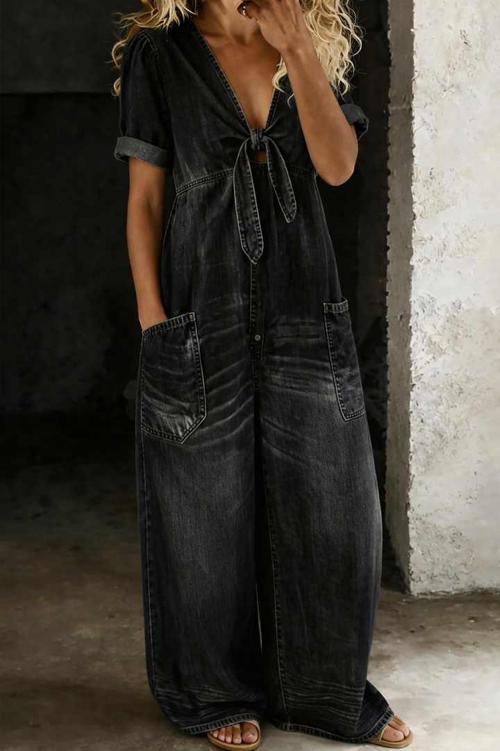 Maya | Women's V Neck Short Sleeve Button-Front Jumpsuit