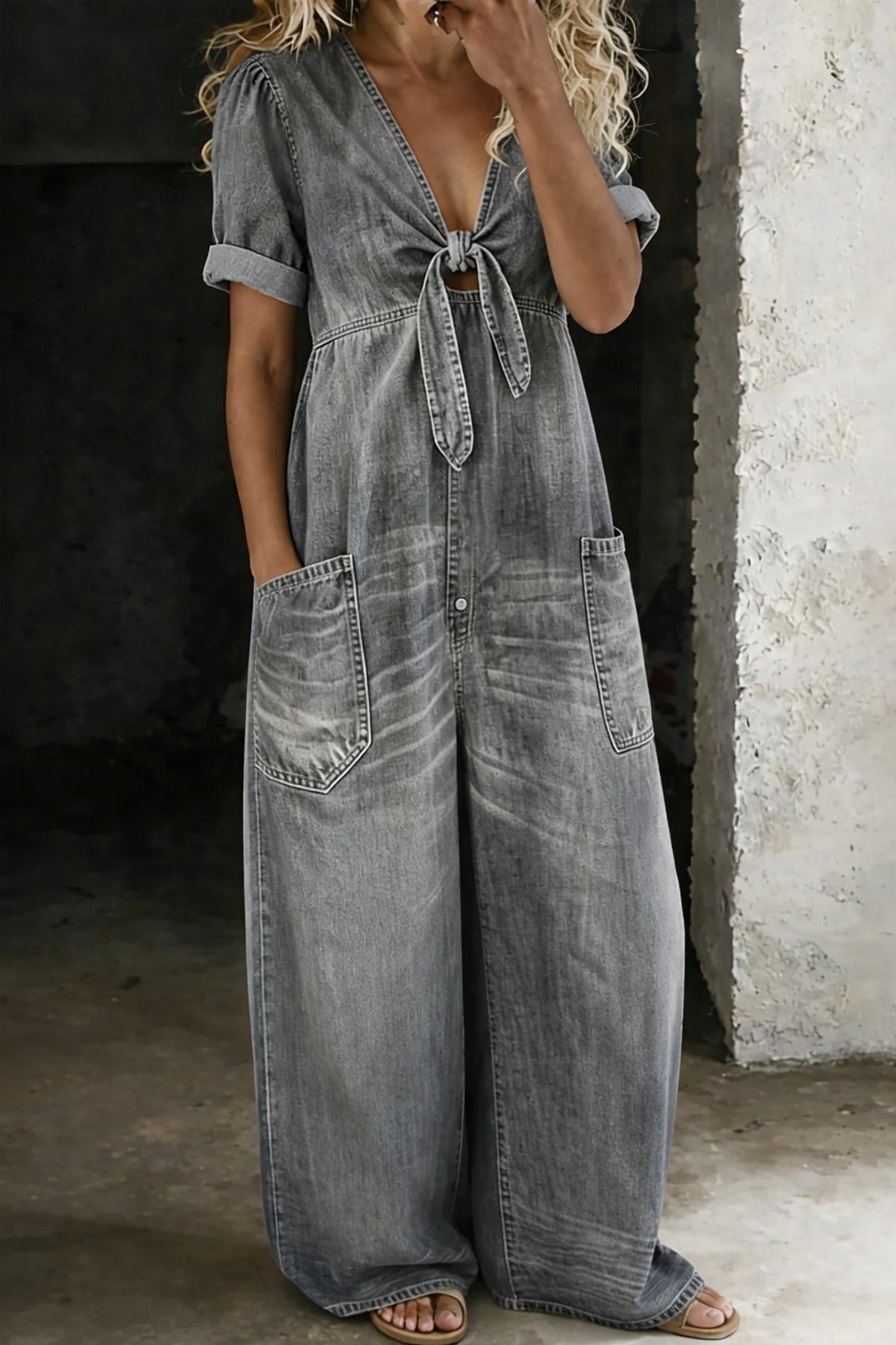 Maya | Women's V Neck Short Sleeve Button-Front Jumpsuit
