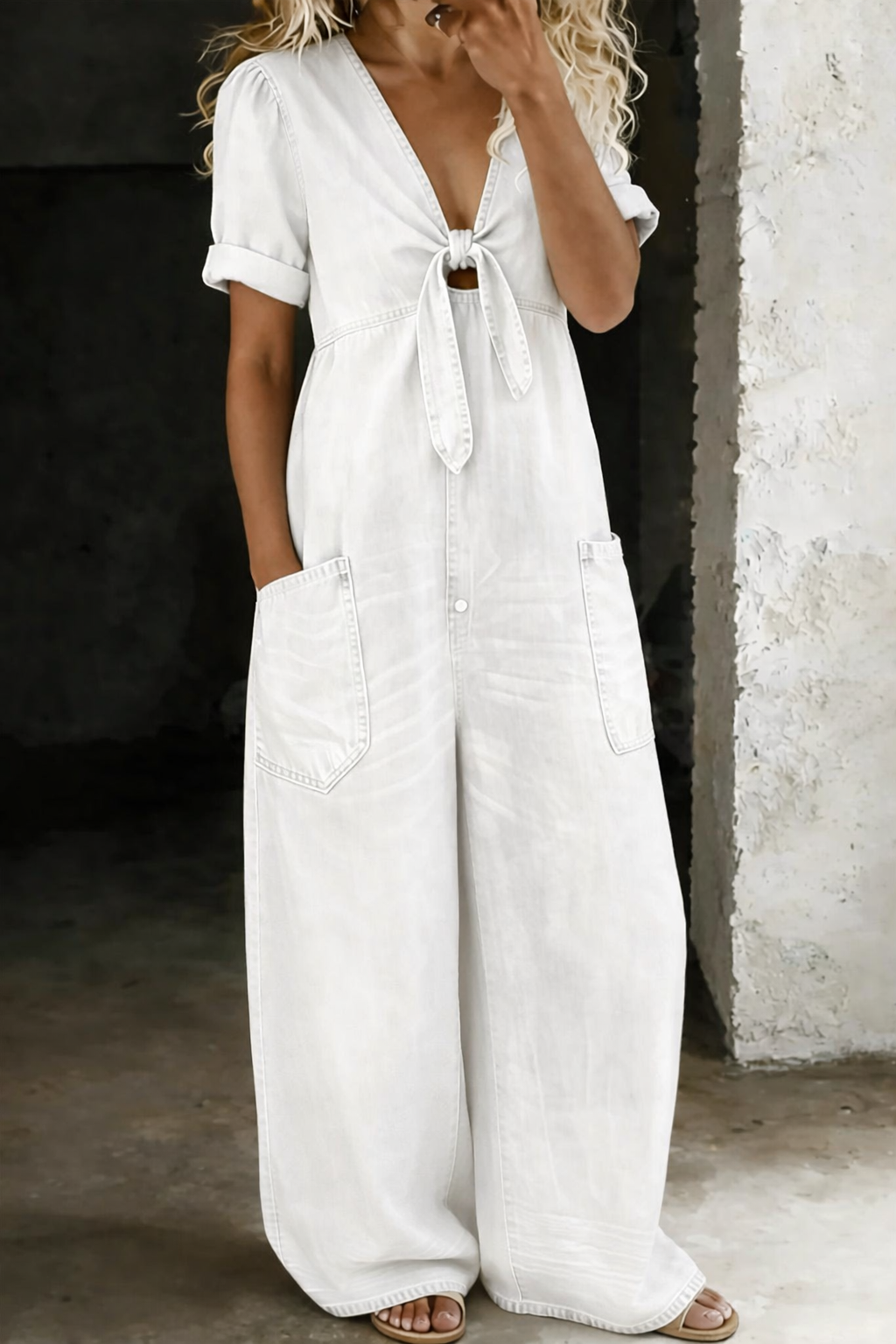Maya | Women's V Neck Short Sleeve Button-Front Jumpsuit