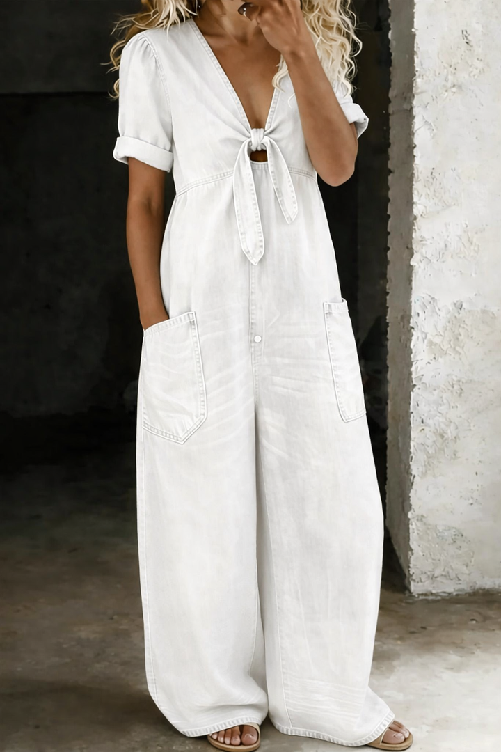 Maya | Women's V Neck Short Sleeve Button-Front Jumpsuit