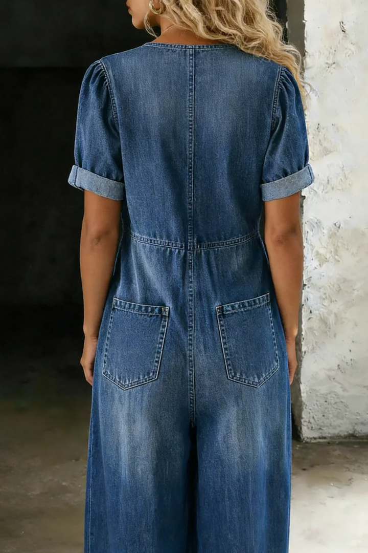 Maya | Women's V Neck Short Sleeve Button-Front Jumpsuit
