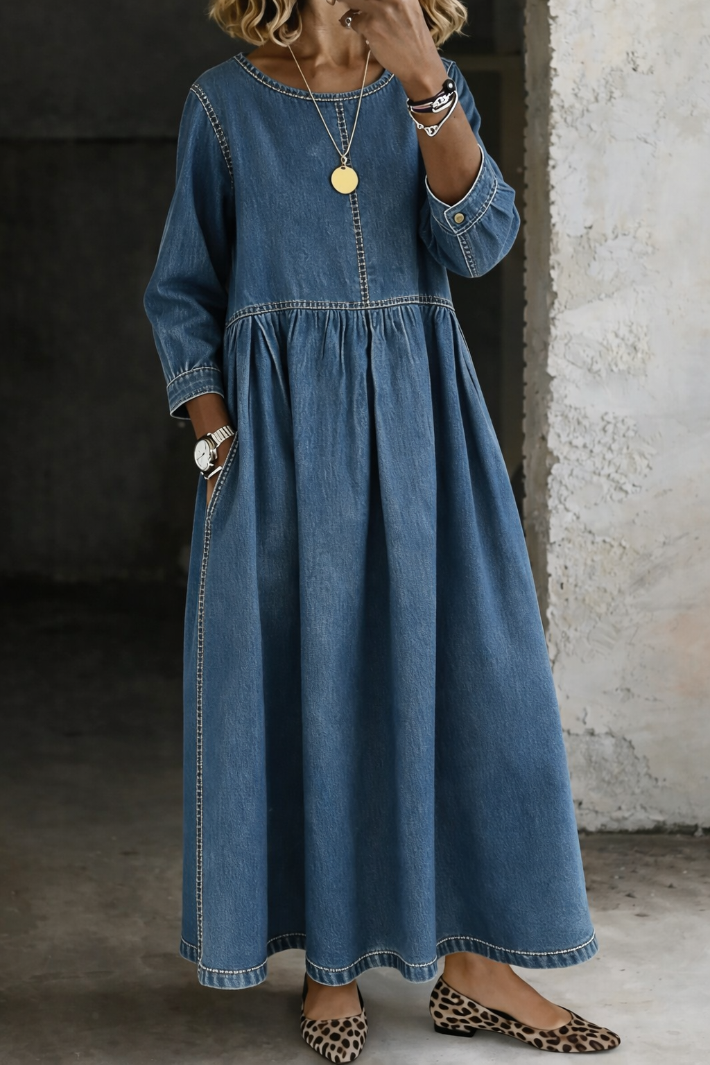 Melissa | Women's Round Neck Long Sleeve Denim Dress