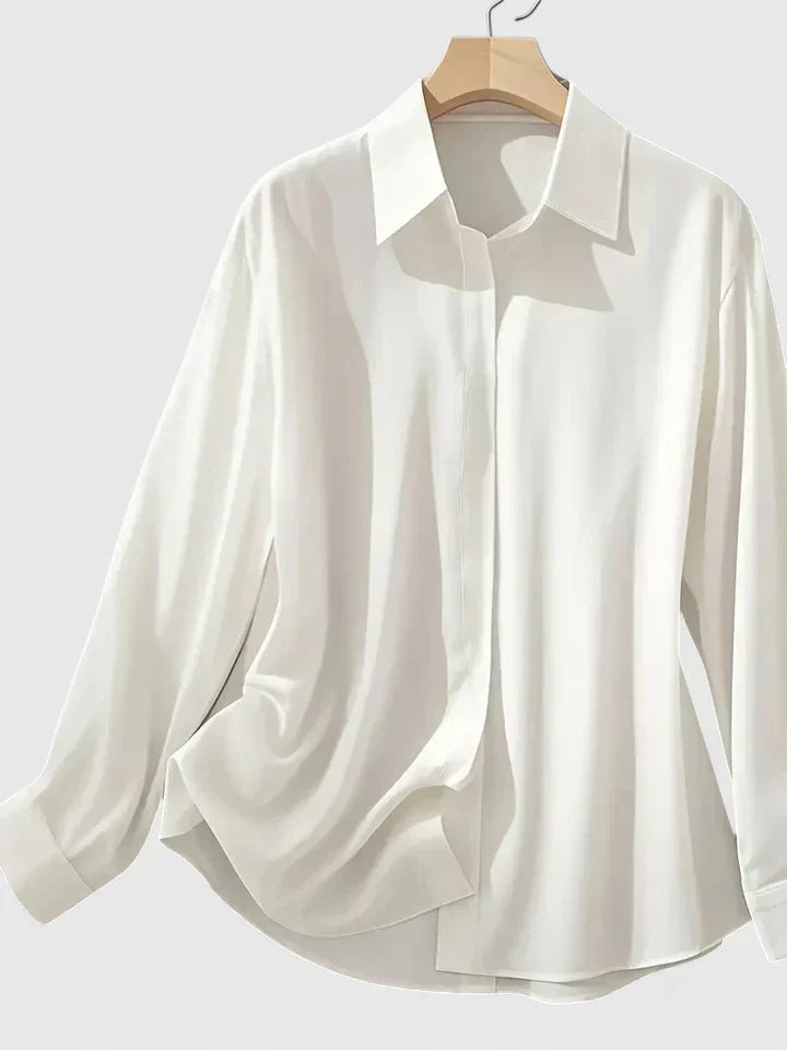 Melvaya | Women's Elegant Hidden-Button Collared Curved-Hem Top