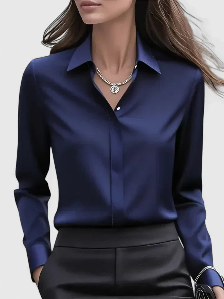 Melvaya | Women's Elegant Hidden-Button Collared Curved-Hem Top