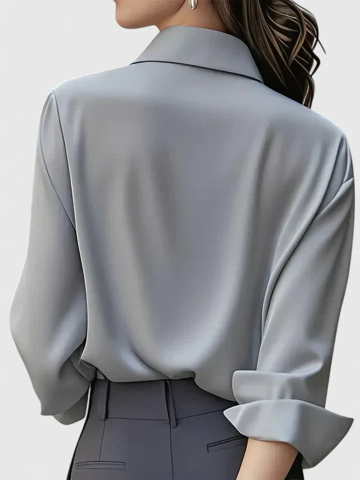 Melvaya | Women's Elegant Hidden-Button Collared Curved-Hem Top
