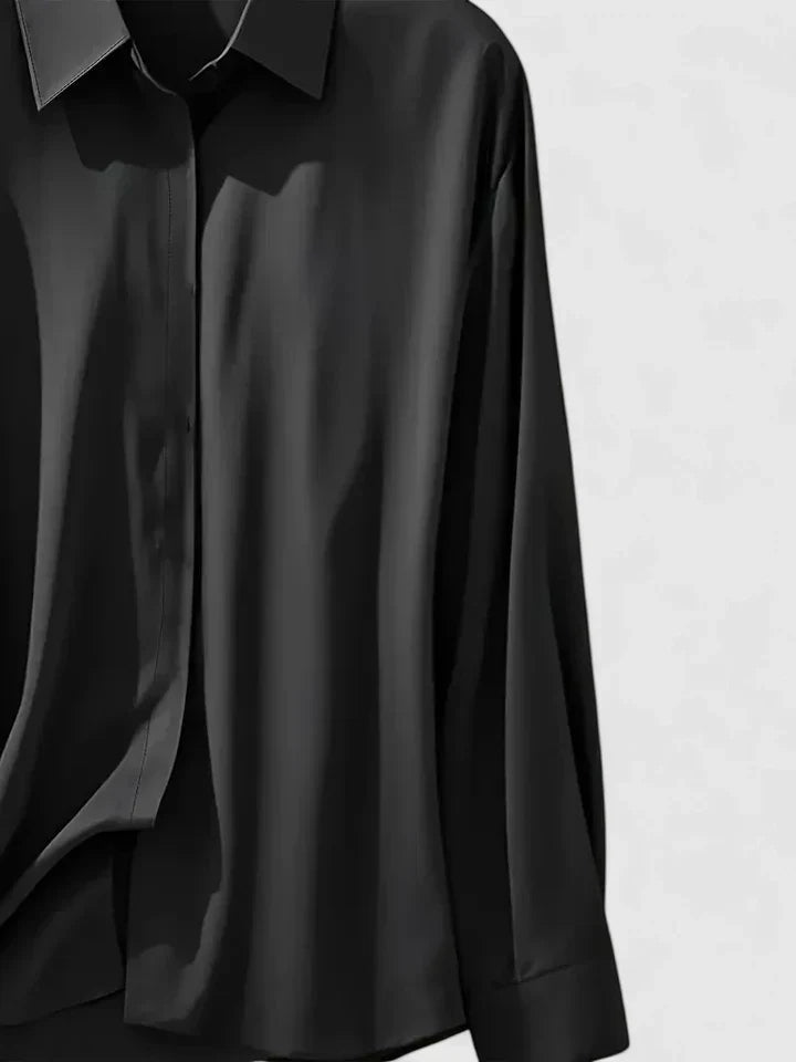 Melvaya | Women's Elegant Hidden-Button Collared Curved-Hem Top