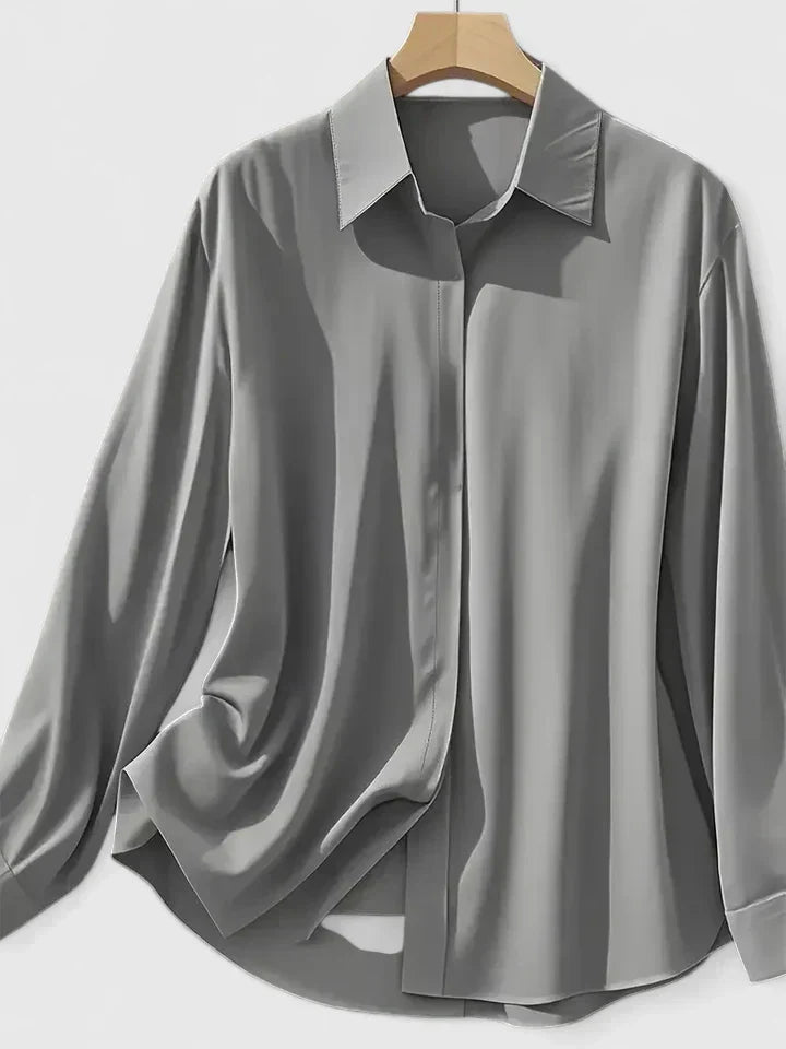 Melvaya | Women's Elegant Hidden-Button Collared Curved-Hem Top