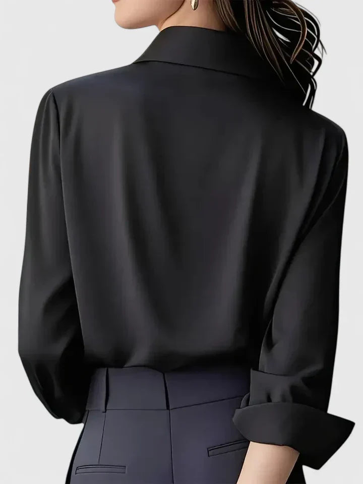 Melvaya | Women's Elegant Hidden-Button Collared Curved-Hem Top