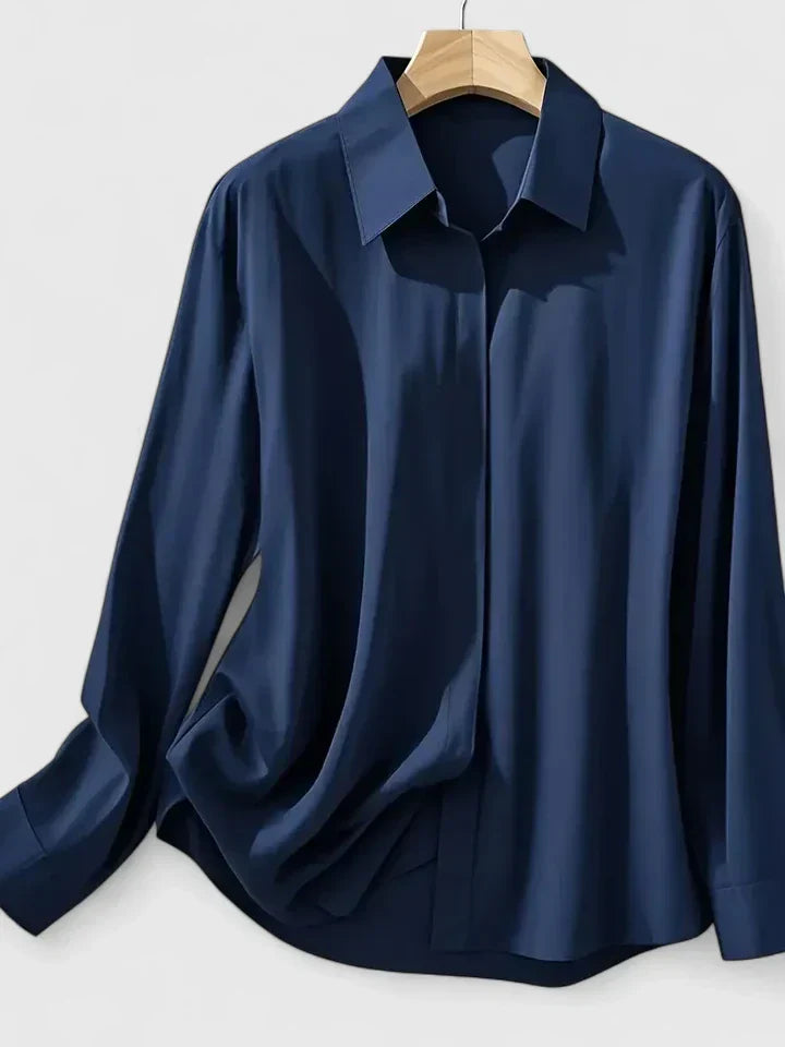 Melvaya | Women's Elegant Hidden-Button Collared Curved-Hem Top