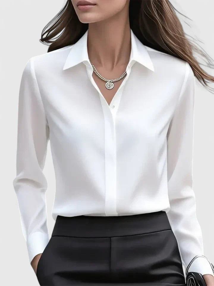 Melvaya | Women's Elegant Hidden-Button Collared Curved-Hem Top