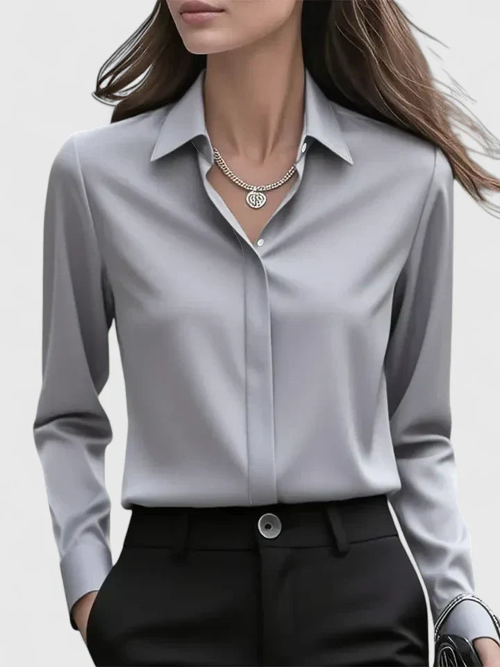 Melvaya | Women's Elegant Hidden-Button Collared Curved-Hem Top
