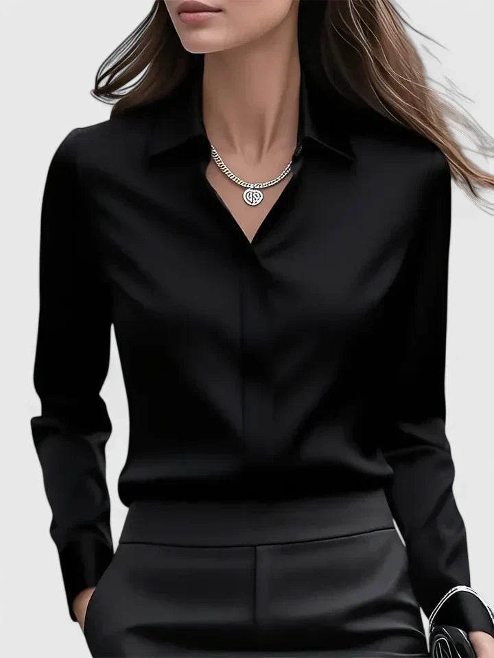 Melvaya | Women's Elegant Hidden-Button Collared Curved-Hem Top
