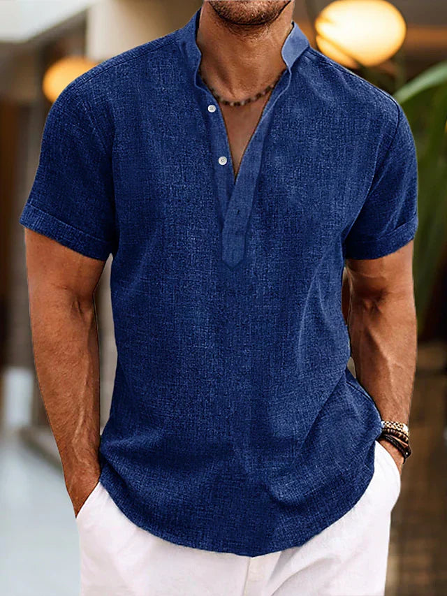 mens-casual-woven-polo-shirt-with-band-collar-and-v-neck-5